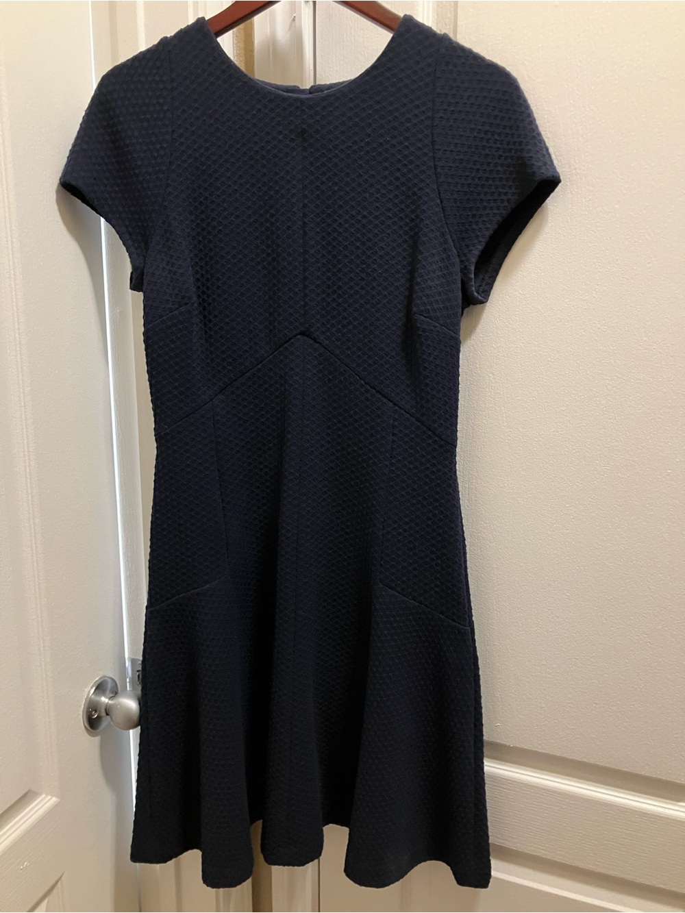 Classic Short-Sleeve Navy Fit-and-Flare Dress in Navy